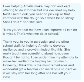 A Class Dojo message to one of our staff